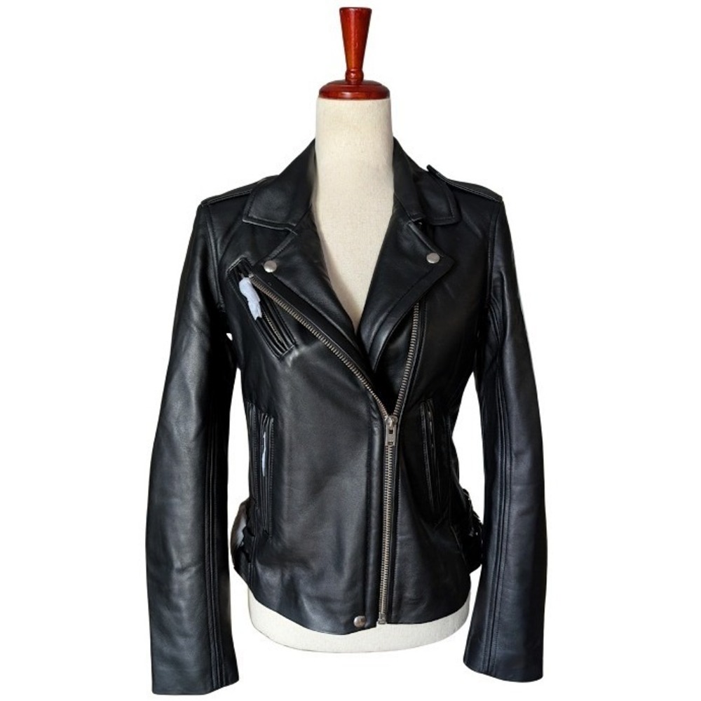 IRO Paris Han Black Lamb Leather Moto Biker Jacket Silver Hardware Size 38 NEW